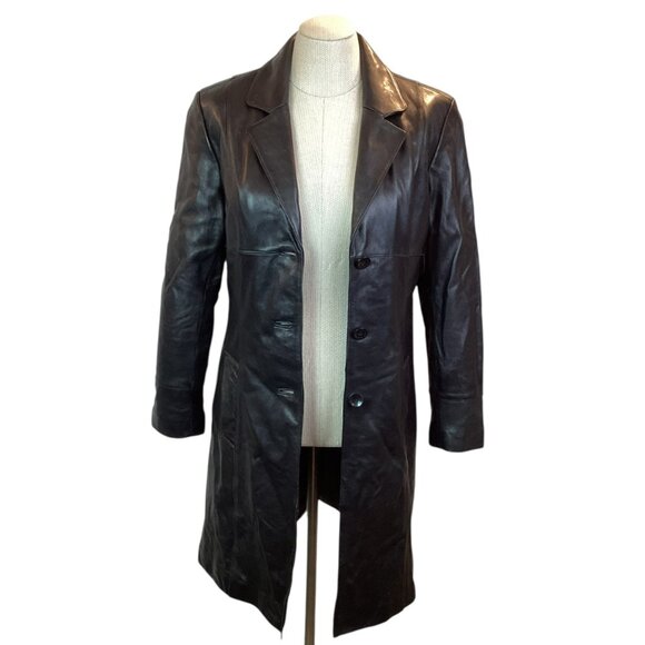 Wilsons Leather Pelle Studio Womens Medium Long Italian Leather Trench Coat Blac - Picture 7 of 13